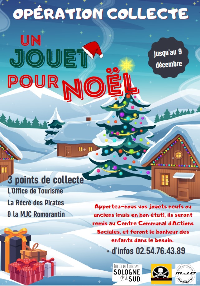 L'Office de Tourisme Sologne, Côté Sud, organise avec la Récré des Pirates et la MJC, une collecte de jouets pour un Noël solidaire