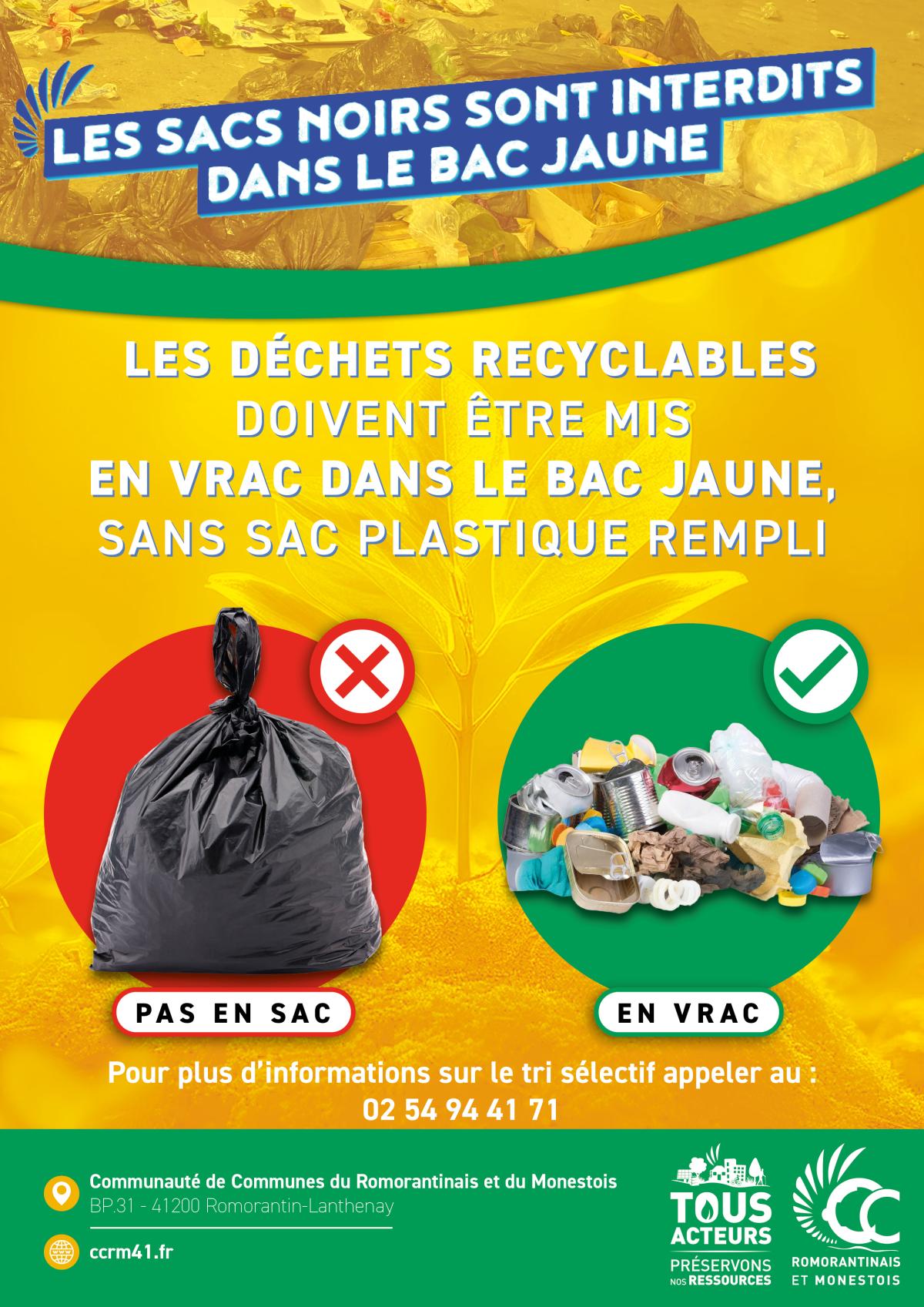 Les déchets recyclables doivent être déposés en vrac dans le bac jaune, sans sac plastique